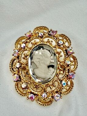 Vintage Gold Cameo Brooch with Pink Aurora Borealis Accents